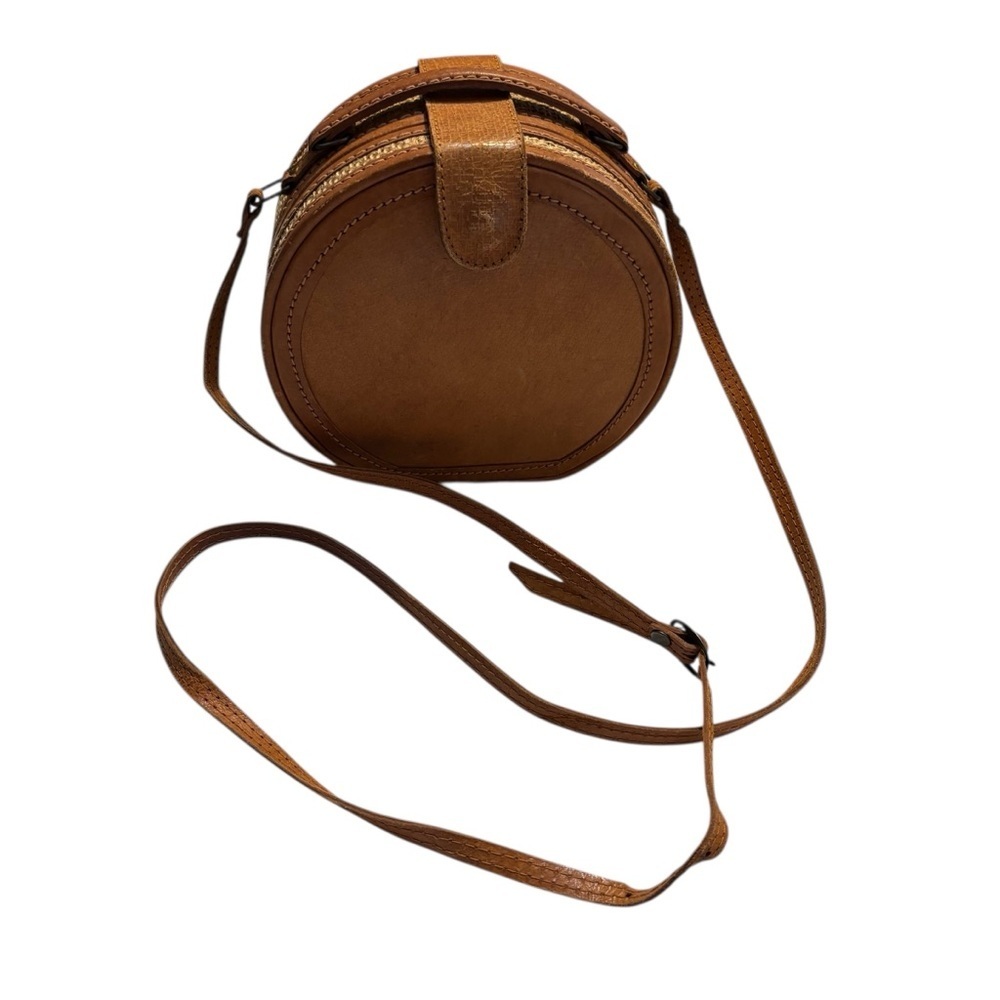 Vintage Leather Crossbody Bag Camel Brown Tan Rattan Sides Magnetic Snap closure